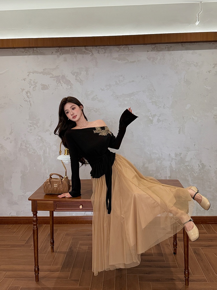 Drape elegant tops gauze pinched waist sweater 2pcs set