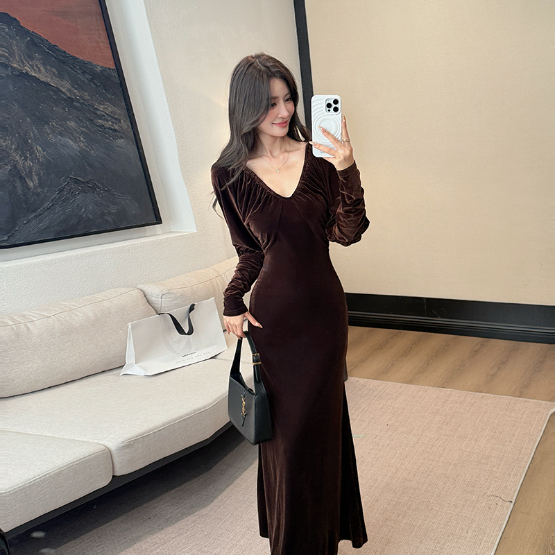 Slim high waist long dress stage dress for women