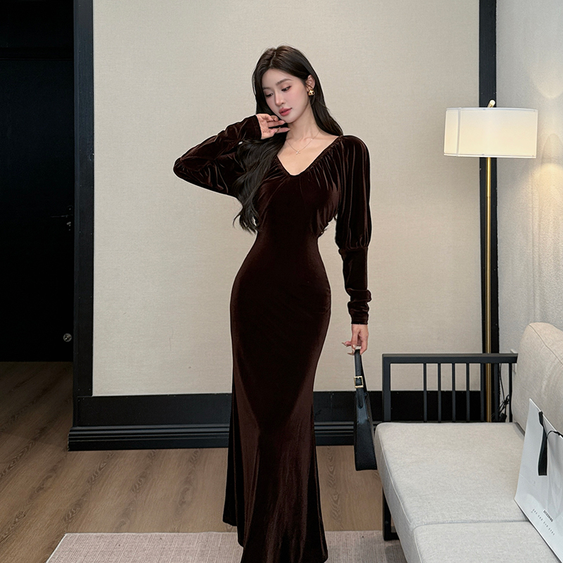 Slim high waist long dress stage dress for women