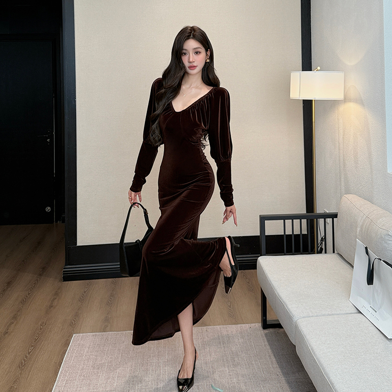 Slim high waist long dress stage dress for women