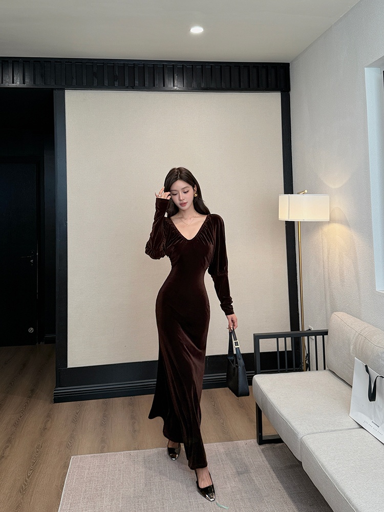 Slim high waist long dress stage dress for women