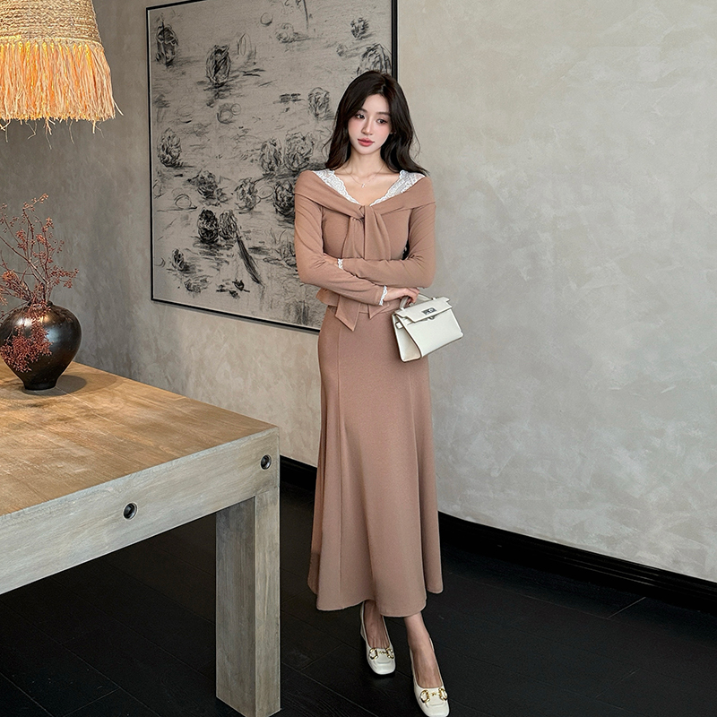 Splice high waist skirt lace tops a set for women