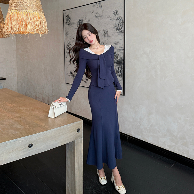 Splice high waist skirt lace tops a set for women