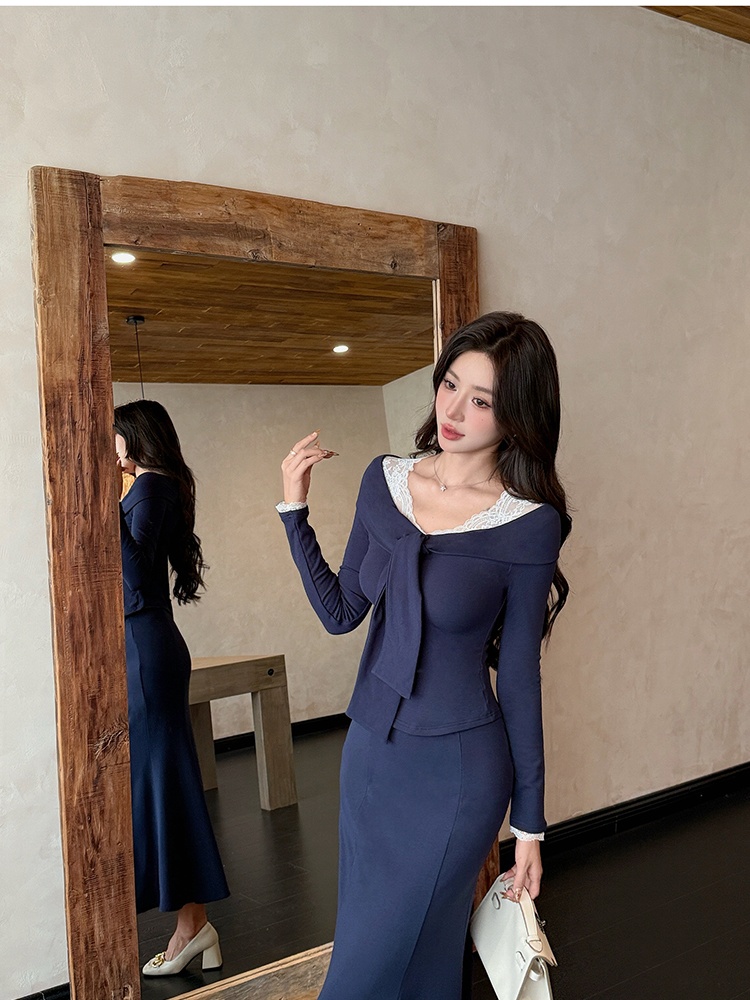 Splice high waist skirt lace tops a set for women