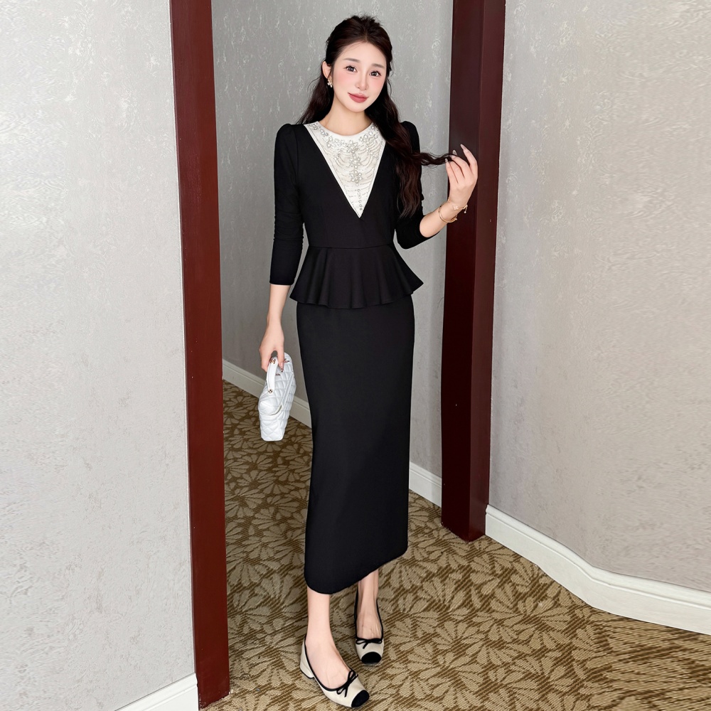 Pseudo-two France style package hip slim dress
