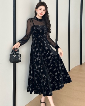 Sling bronzing splice temperament retro dress 2pcs set