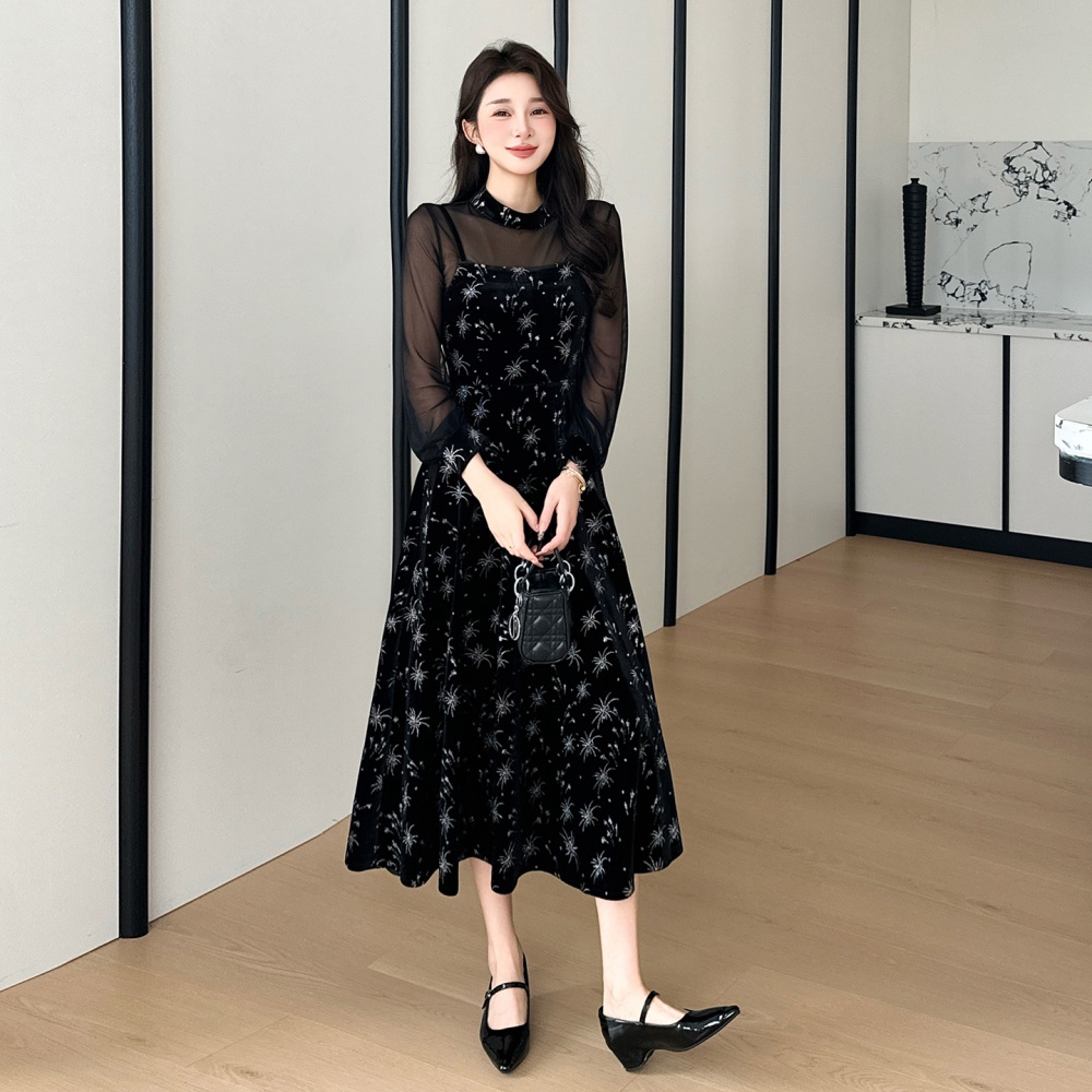 Sling bronzing splice temperament retro dress 2pcs set