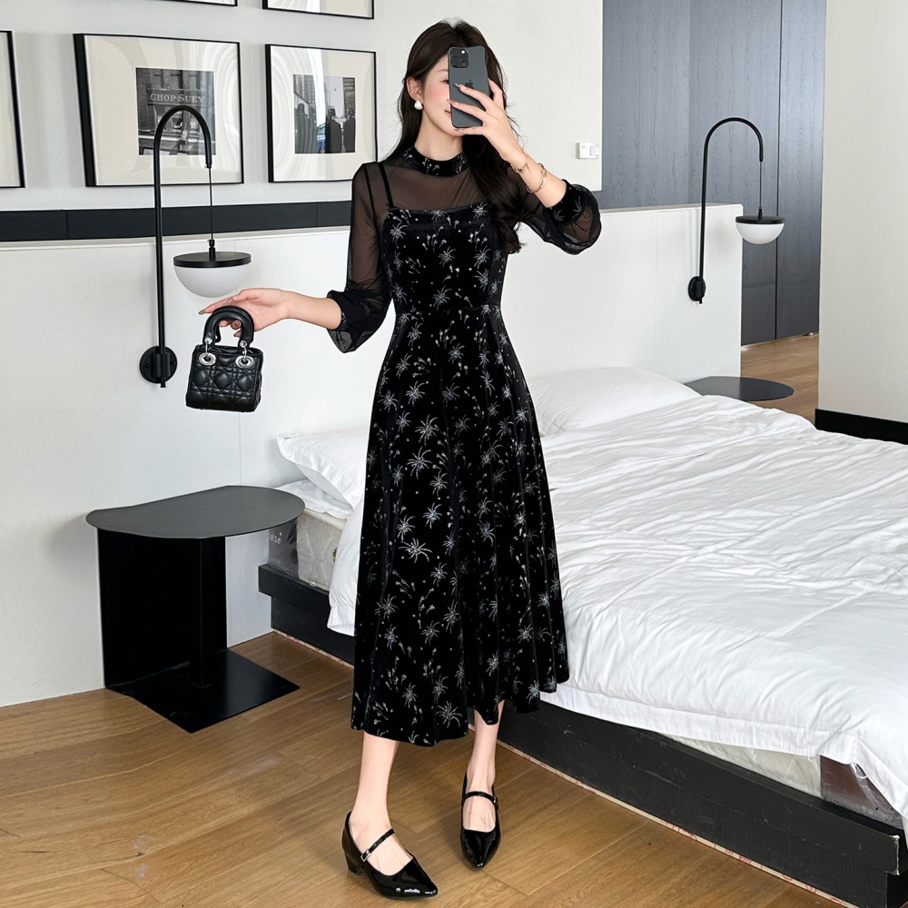 Sling bronzing splice temperament retro dress 2pcs set