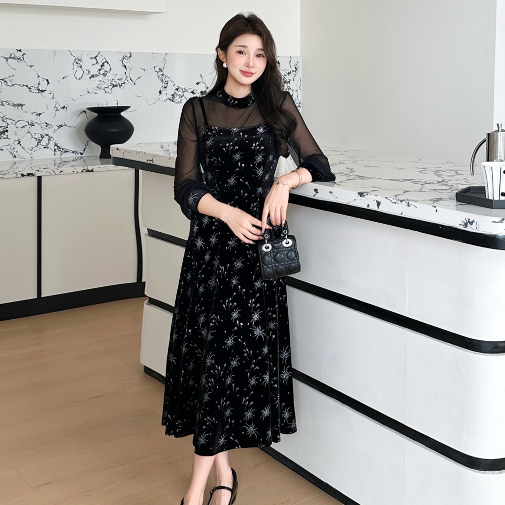 Sling bronzing splice temperament retro dress 2pcs set