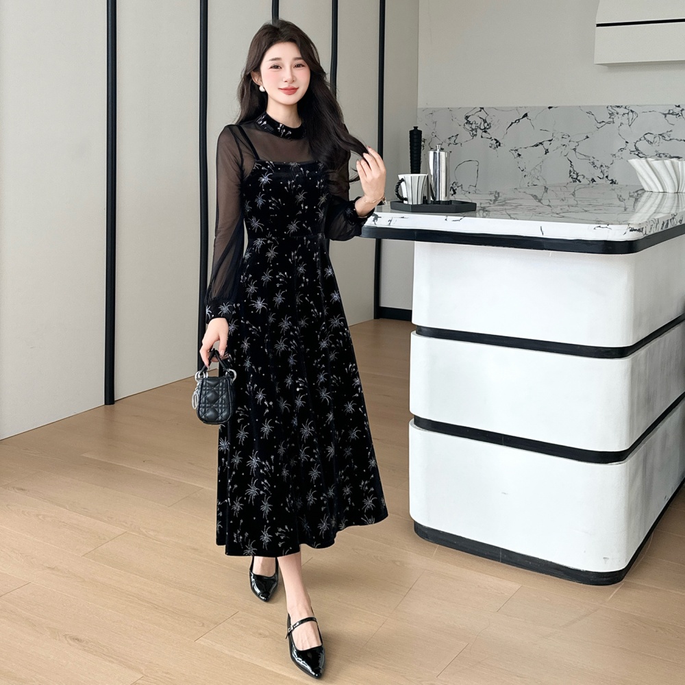 Sling bronzing splice temperament retro dress 2pcs set