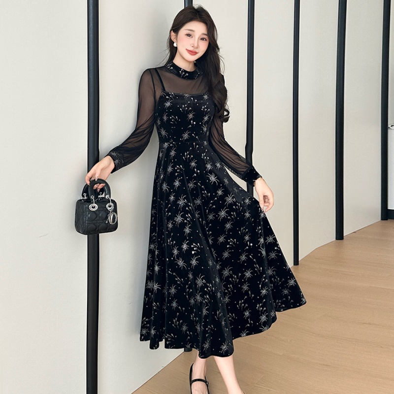 Sling bronzing splice temperament retro dress 2pcs set