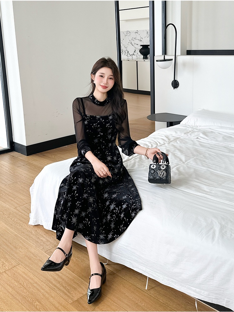 Sling bronzing splice temperament retro dress 2pcs set