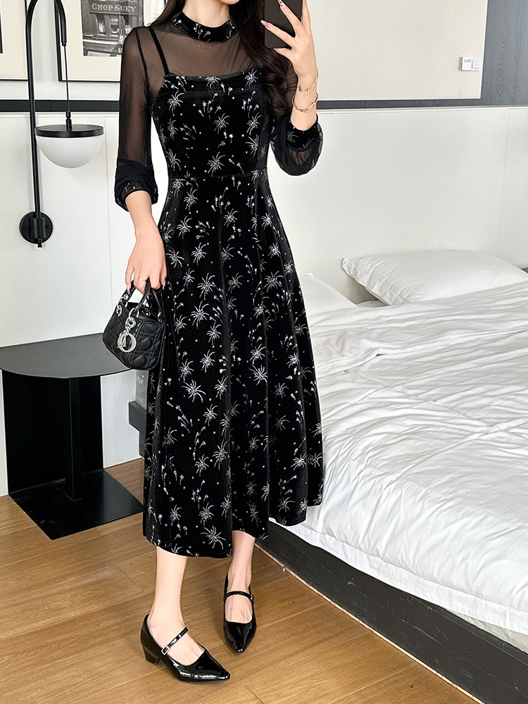 Sling bronzing splice temperament retro dress 2pcs set