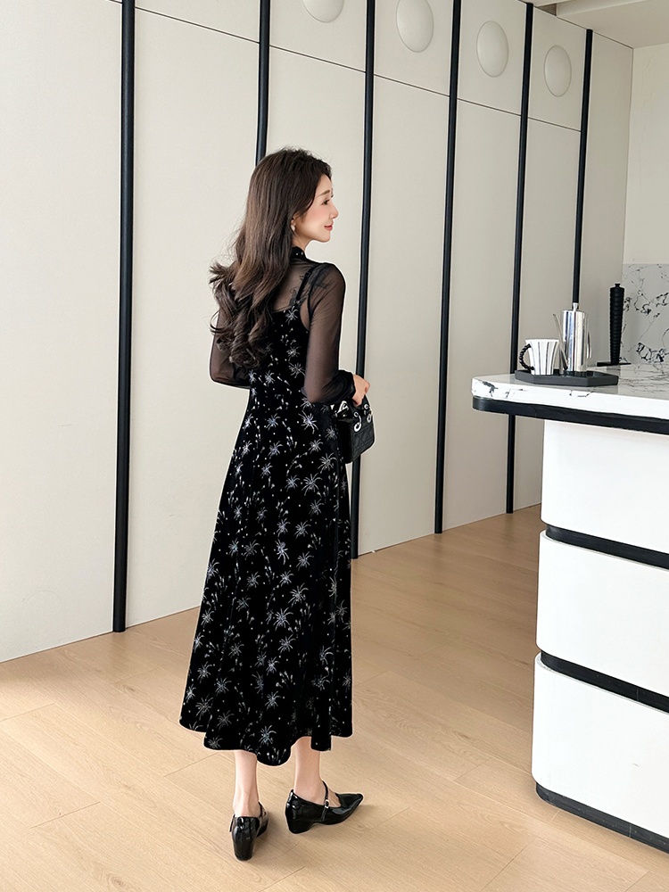Sling bronzing splice temperament retro dress 2pcs set