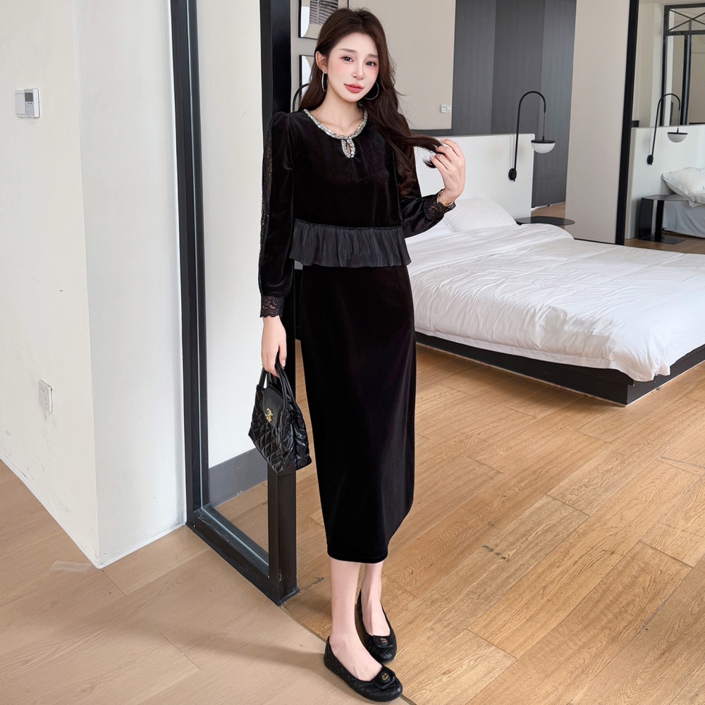 Elegant velvet splice Pseudo-two dress