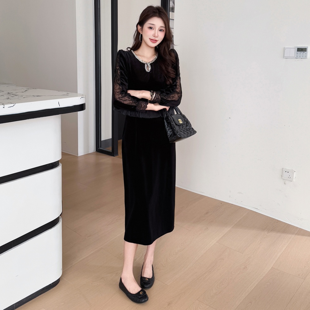 Elegant velvet splice Pseudo-two dress