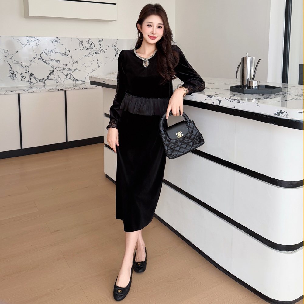 Elegant velvet splice Pseudo-two dress
