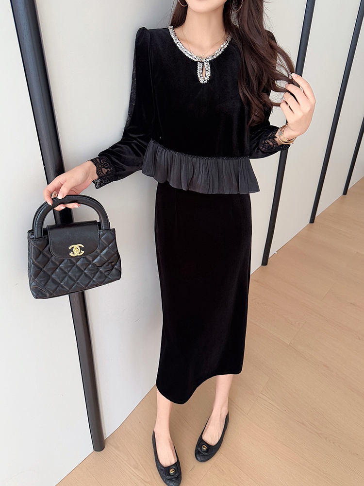 Elegant velvet splice Pseudo-two dress