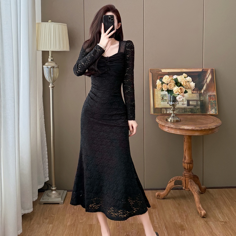 Autumn and winter mermaid elegant France style lace dress