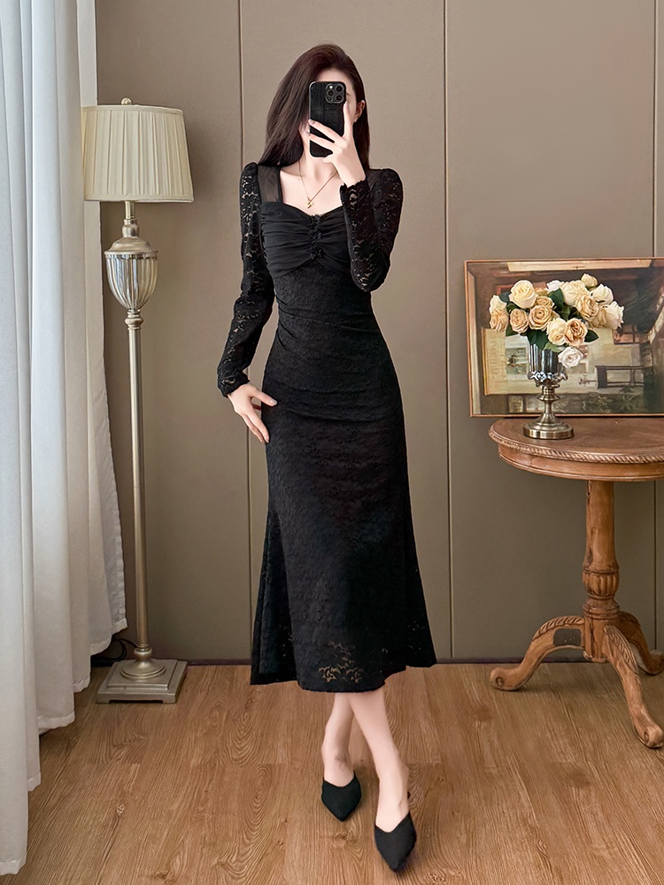 Autumn and winter mermaid elegant France style lace dress