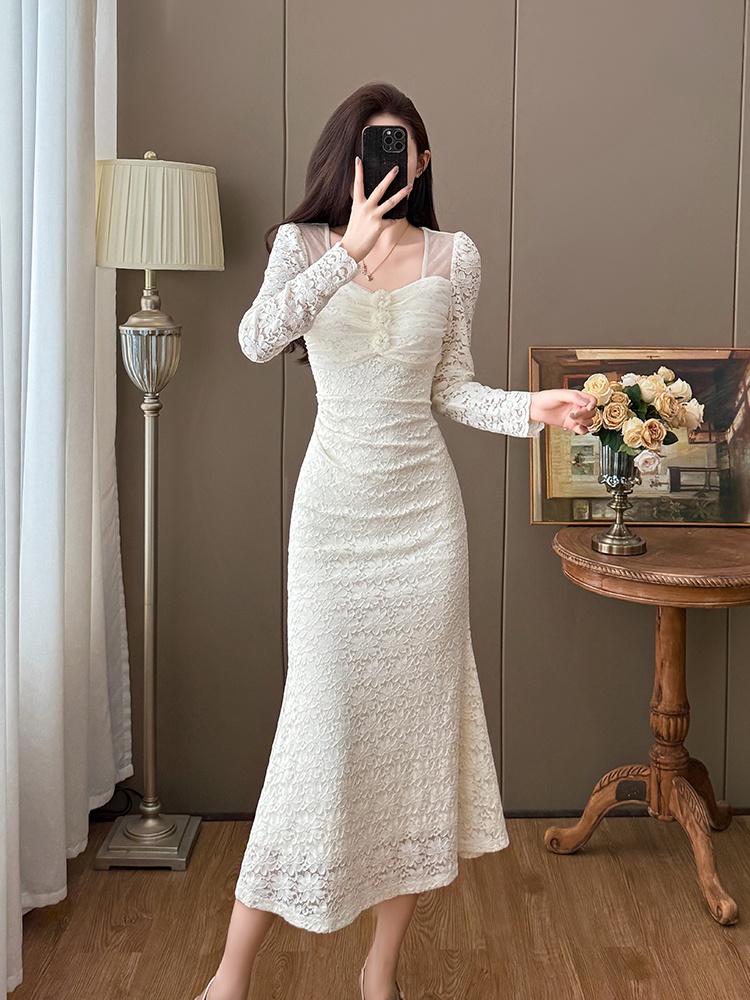 Autumn and winter mermaid elegant France style lace dress