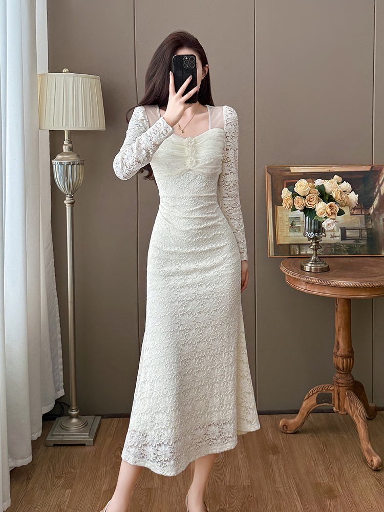 Autumn and winter mermaid elegant France style lace dress