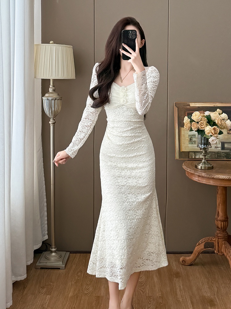 Autumn and winter mermaid elegant France style lace dress