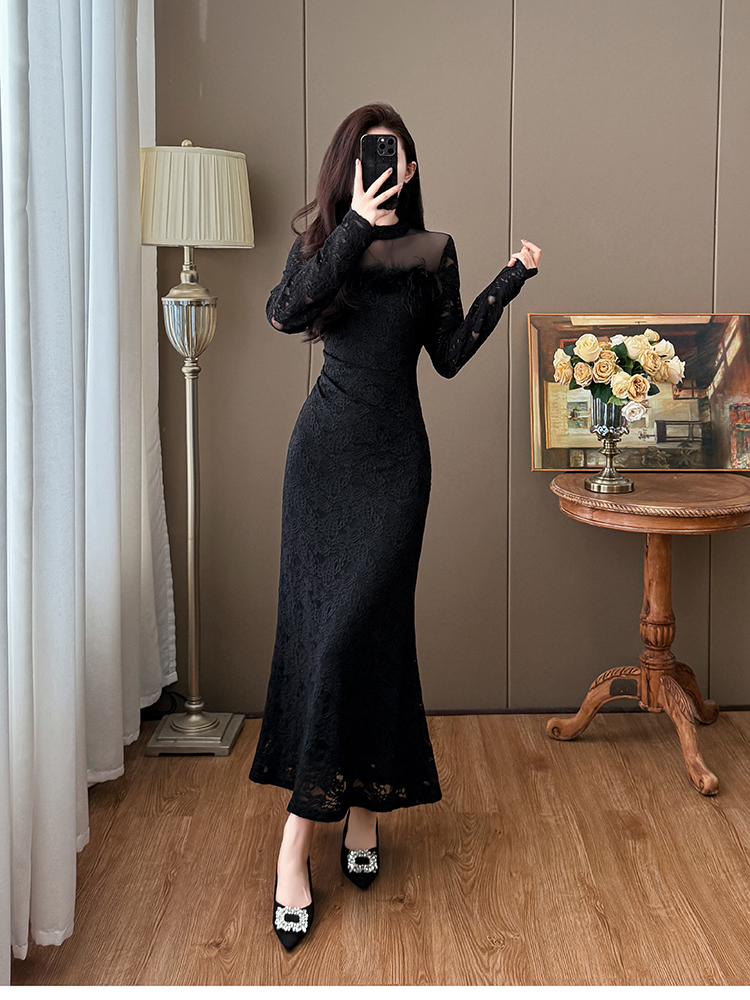 Feather autumn and winter temperament slim dress