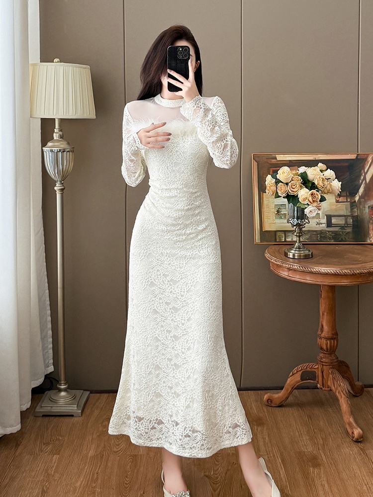 Feather autumn and winter temperament slim dress