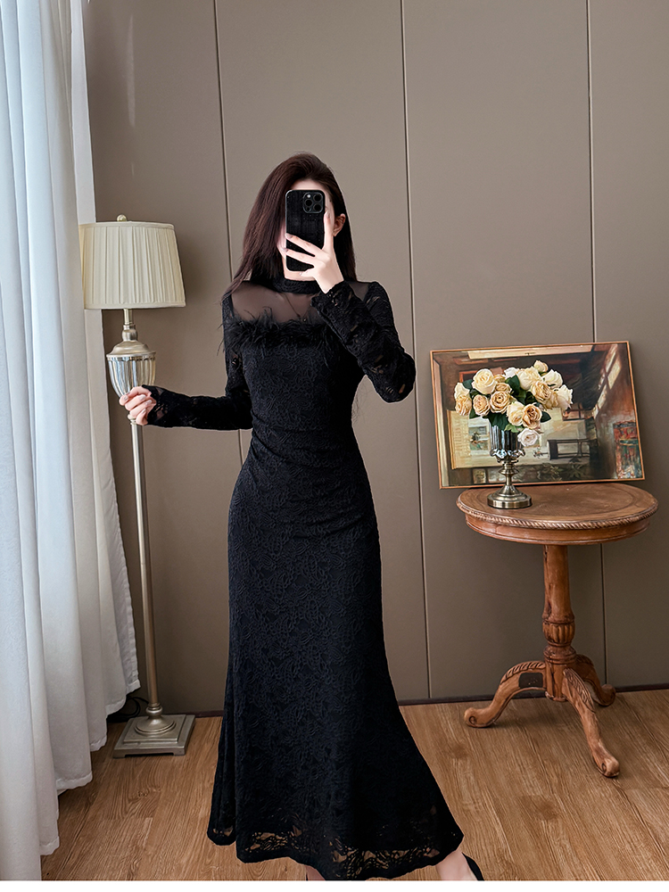 Feather autumn and winter temperament slim dress