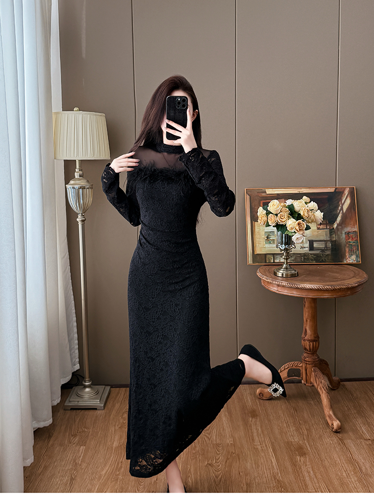 Feather autumn and winter temperament slim dress
