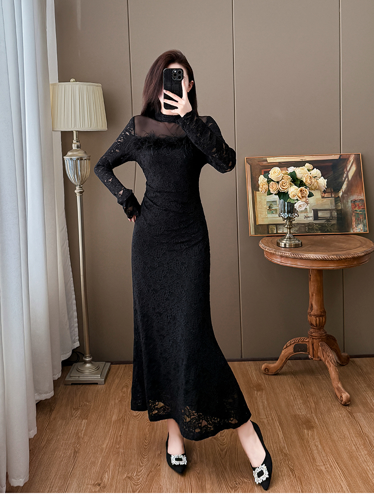 Feather autumn and winter temperament slim dress