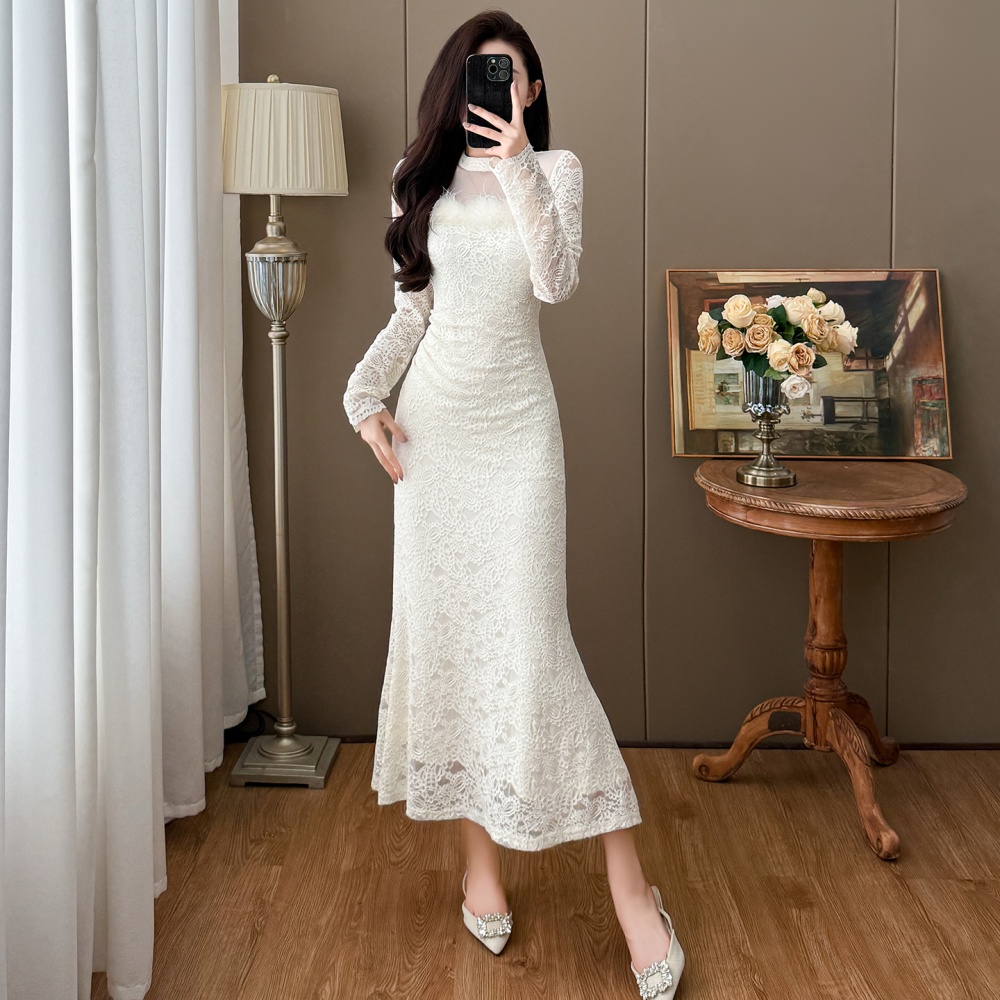 Feather autumn and winter temperament slim dress
