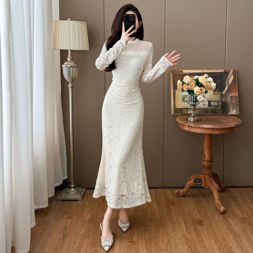Feather autumn and winter temperament slim dress