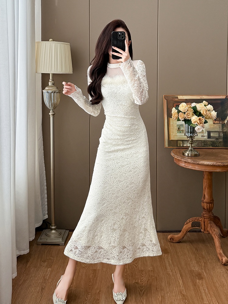 Feather autumn and winter temperament slim dress