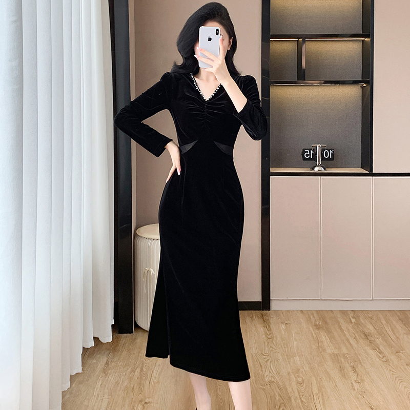 Temperament elegant velvet splice fashion dress
