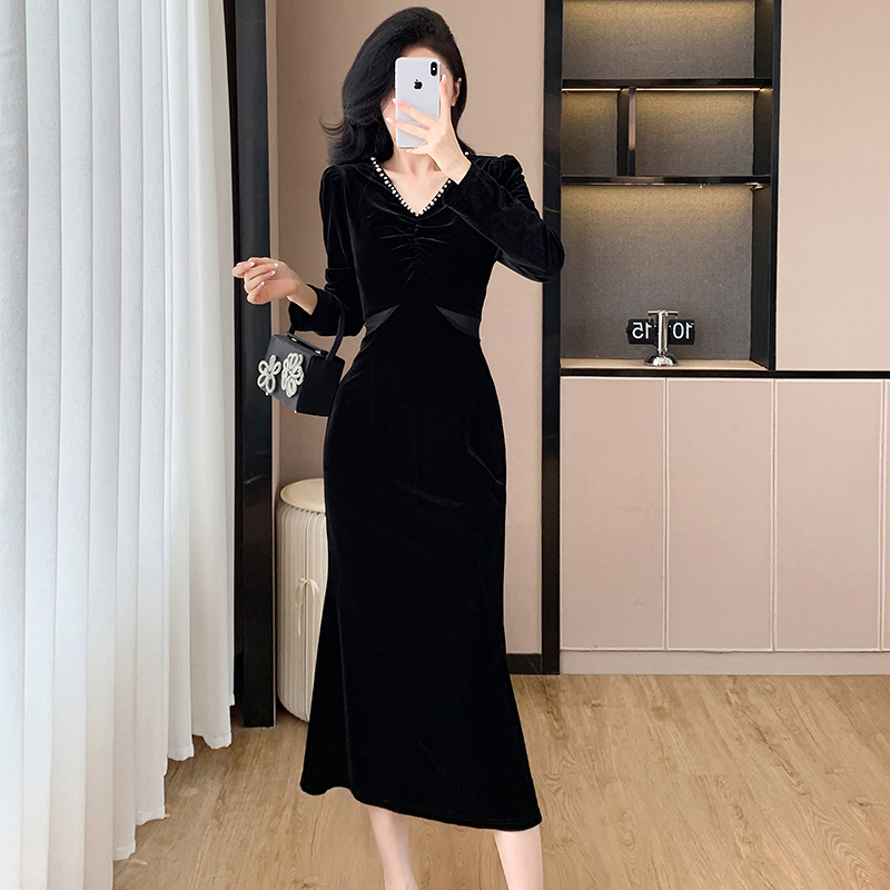 Temperament elegant velvet splice fashion dress