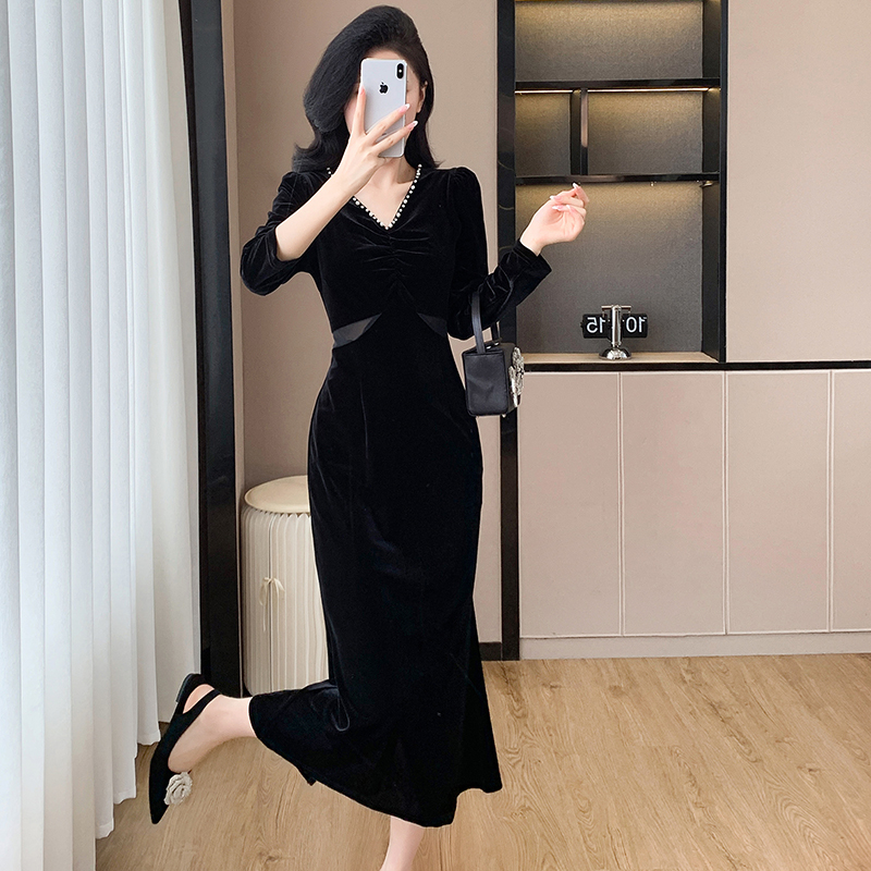 Temperament elegant velvet splice fashion dress