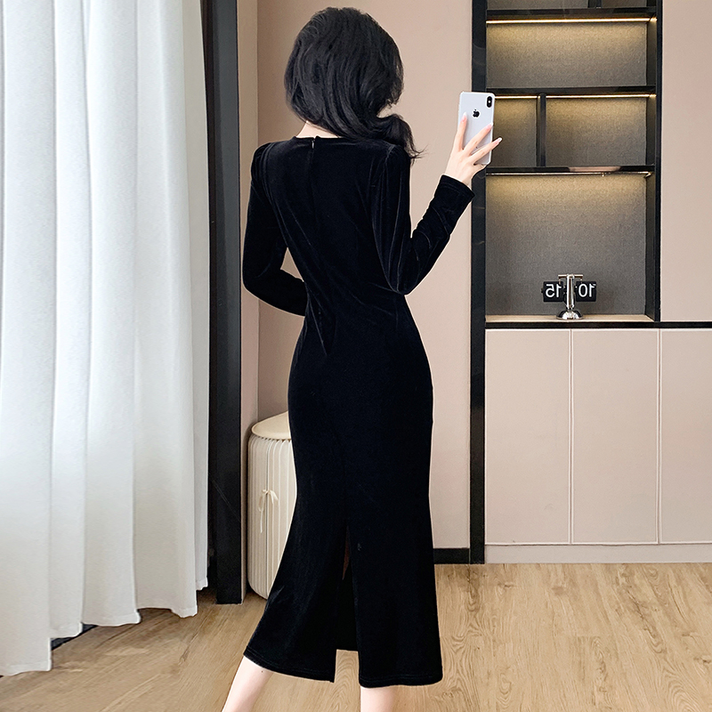 Temperament elegant velvet splice fashion dress