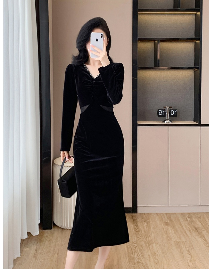 Temperament elegant velvet splice fashion dress