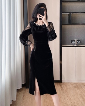 Lace splice light luxury autumn and winter pearl split dress