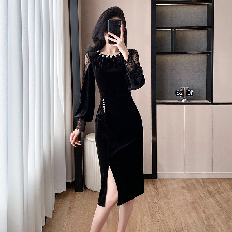 Lace splice light luxury autumn and winter pearl split dress
