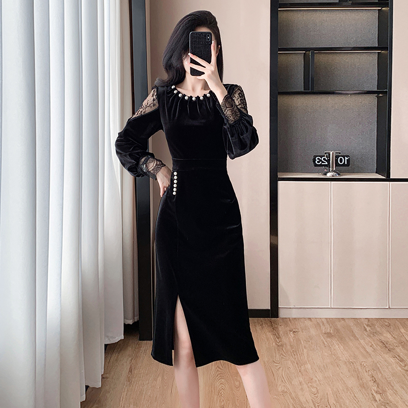 Lace splice light luxury autumn and winter pearl split dress