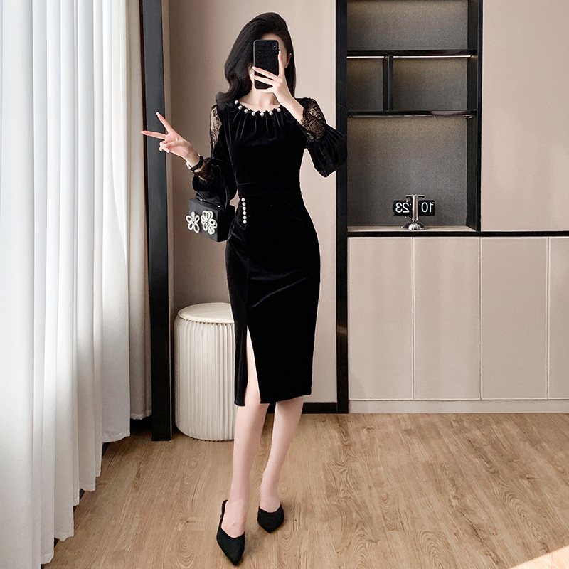 Lace splice light luxury autumn and winter pearl split dress