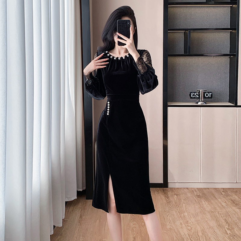 Lace splice light luxury autumn and winter pearl split dress