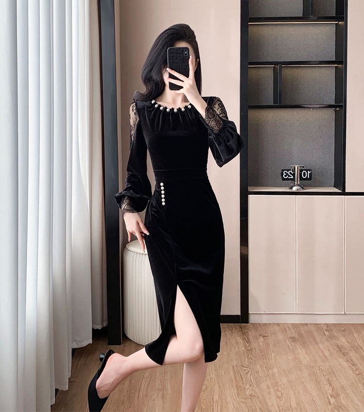 Lace splice light luxury autumn and winter pearl split dress