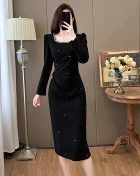 Rhinestone Hepburn style square collar dress
