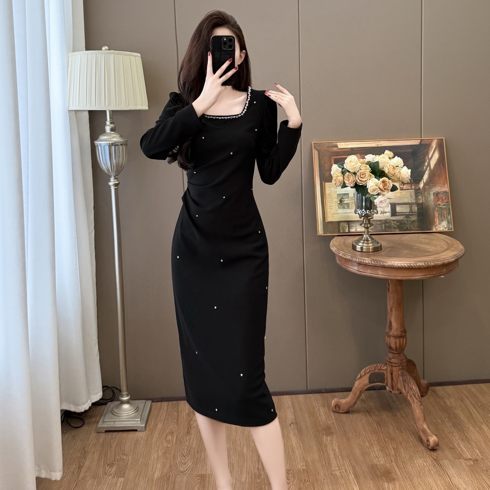 Rhinestone Hepburn style square collar dress