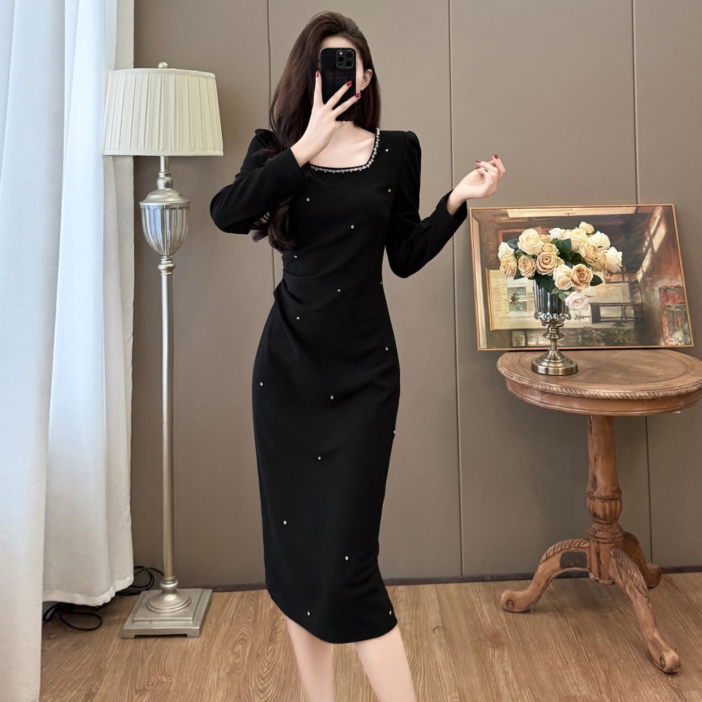 Rhinestone Hepburn style square collar dress