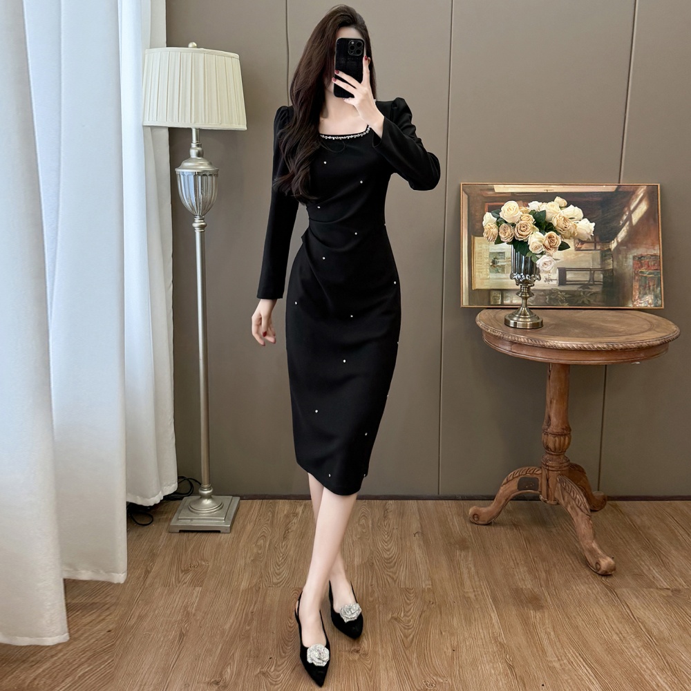 Rhinestone Hepburn style square collar dress